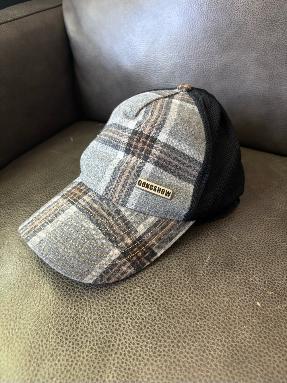 Women’s Plaid Trucker Cap in Gray and Black adjustable